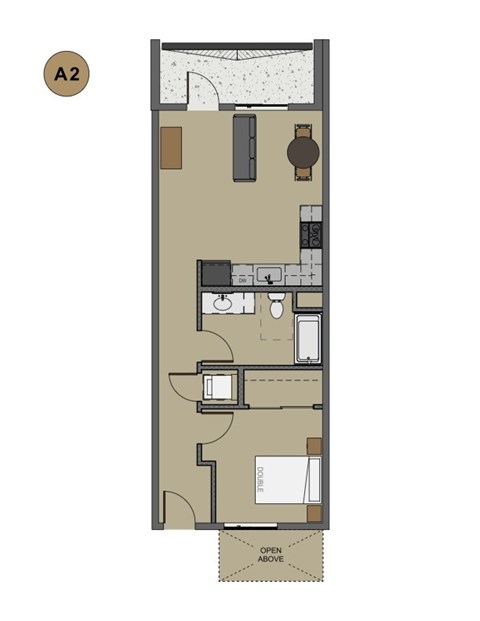A floor plan of a room with furniture and appliances.